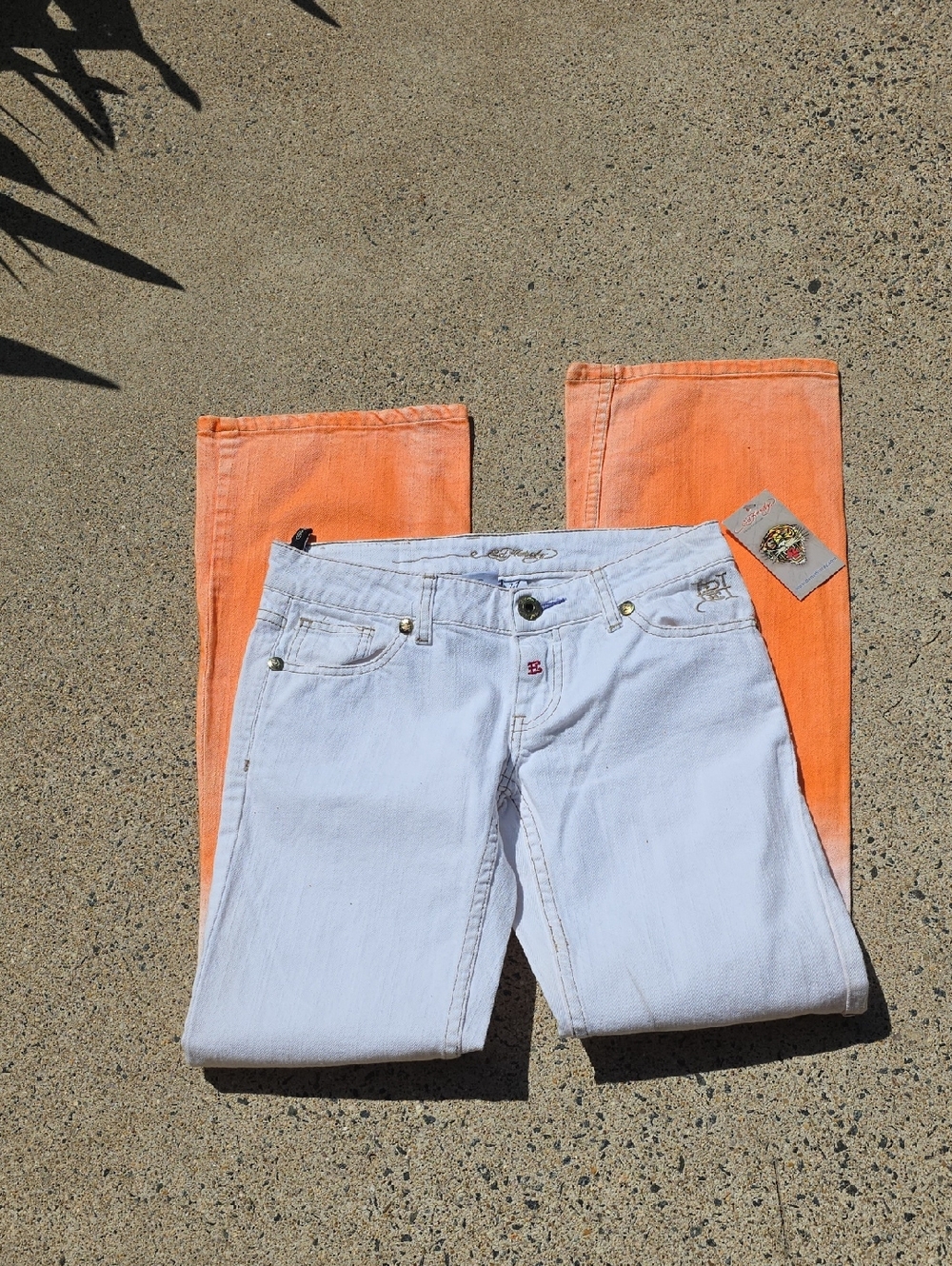 Ed Hardy Couture Colorblock White Front Orange Back Flare Jeans
